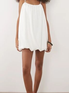 White Spaghetti Strap Bubble Hem Mini Dress